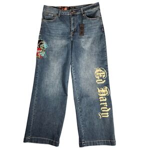 Ed Hardy Jeans Women's Size 34 Blue Wide Leg Embroidered Tattoo Print WEHD8300-3